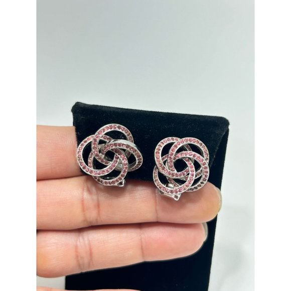 Signed KRAMER Clip On Earrings Silver Tone & Pink Rhinestones Love Knot Circles - Picture 4 of 8